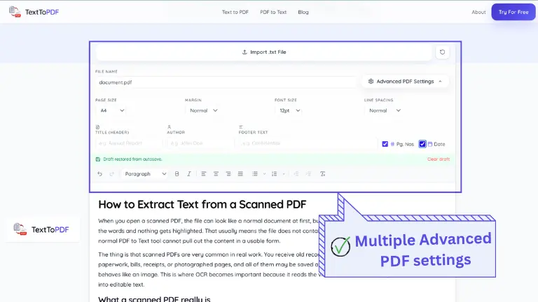 Configurações avançadas do PDF no TextToPDF