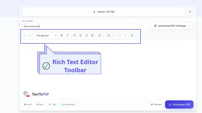 Barra de ferramentas do editor de texto formatado do TextToPDF