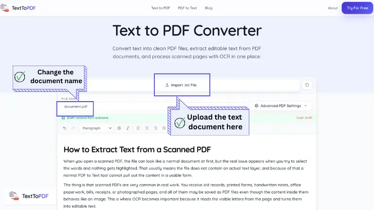 Enviar arquivo de texto ou renomear documento no TextToPDF