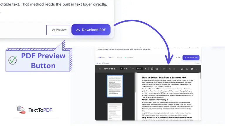 Pantalla de vista previa del PDF antes de descargarlo en TextToPDF