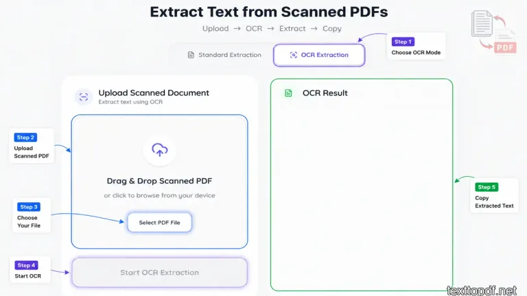 Motor OCR, selección de páginas, opciones de limpieza y resultado extraído