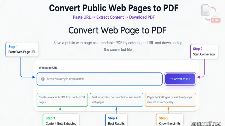 Web page URL input, convert to PDF button, and webpage to PDF conversion workflow